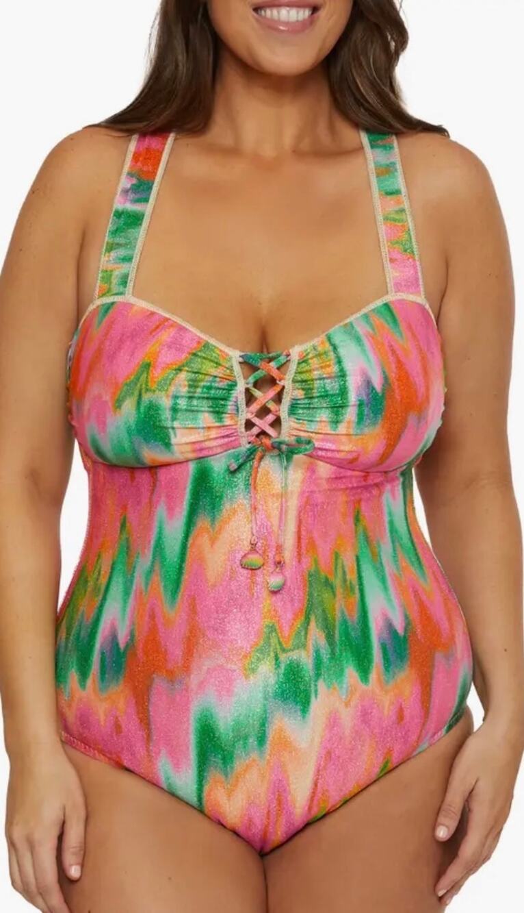 Becca Mirage Metallic Shimmer Lace Up One Piece Swim Suit 1X NWT